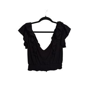 Express Top Womens M Black Off Shoulder Smocked Ruffle Cropped Tie Back V-Neck